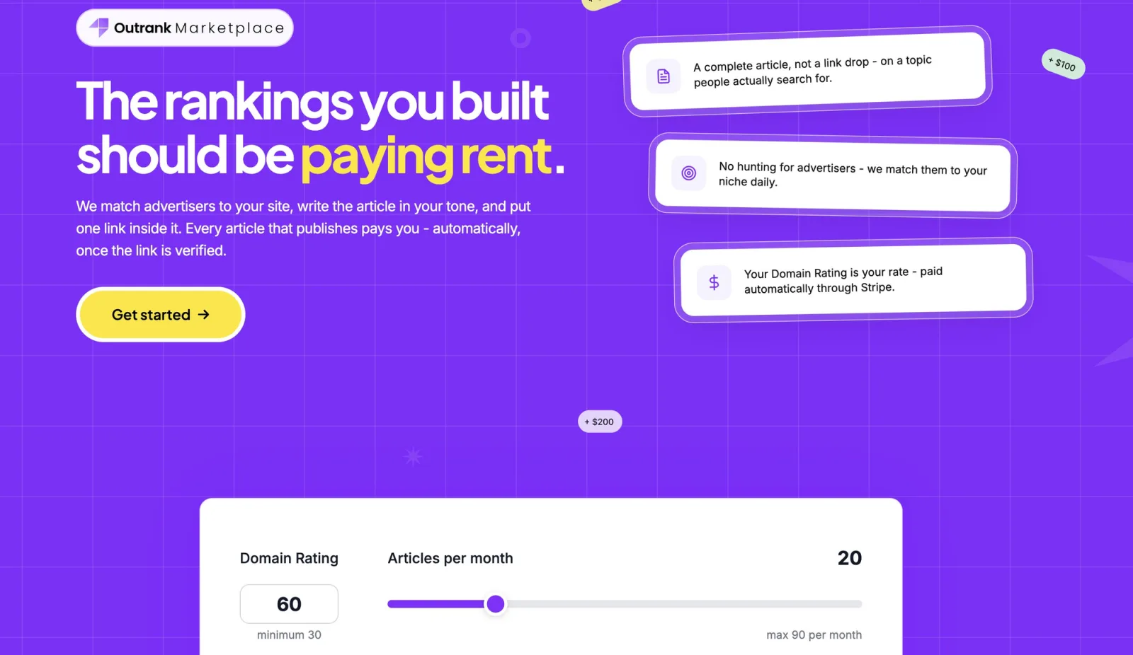 Outrank Marketplace publisher page with the headline “The rankings you built should be paying rent” and an earnings calculator set to Domain Rating 60 and 20 articles per month